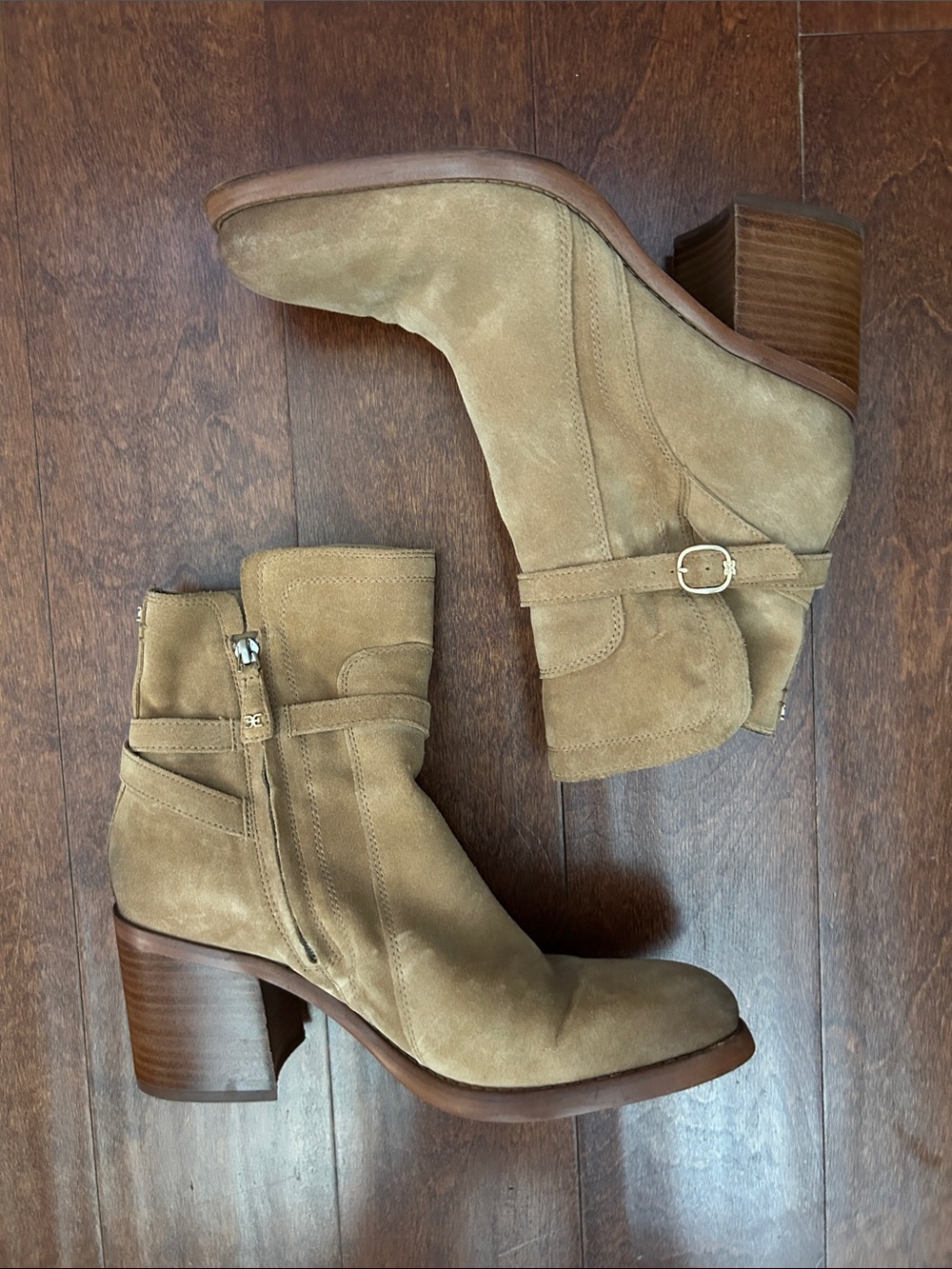 Sam Edelman Simona Suede Ankle Boots in Golden Caramel, Stacked Heels, Size 10